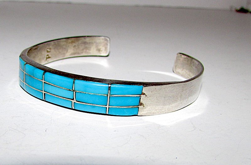 Old Pawn Zuni Sterling Turquoise Inlay Bracelet (1 of 2)