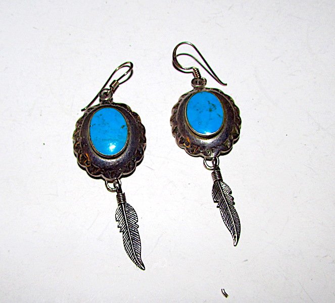 Taxco Sterling 925 Turquoise Feather Dangle Earrings (1 of 2)