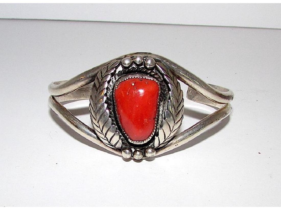 Vintage Old Pawn Native American Navajo Jerry Johnson: For your consideration is this stunning vintage Navajo sterling silver and Mediterranean coral squash blossom cuff bracelet in wonderful vintage condition by the highly collectible Navajo artist Jerry
