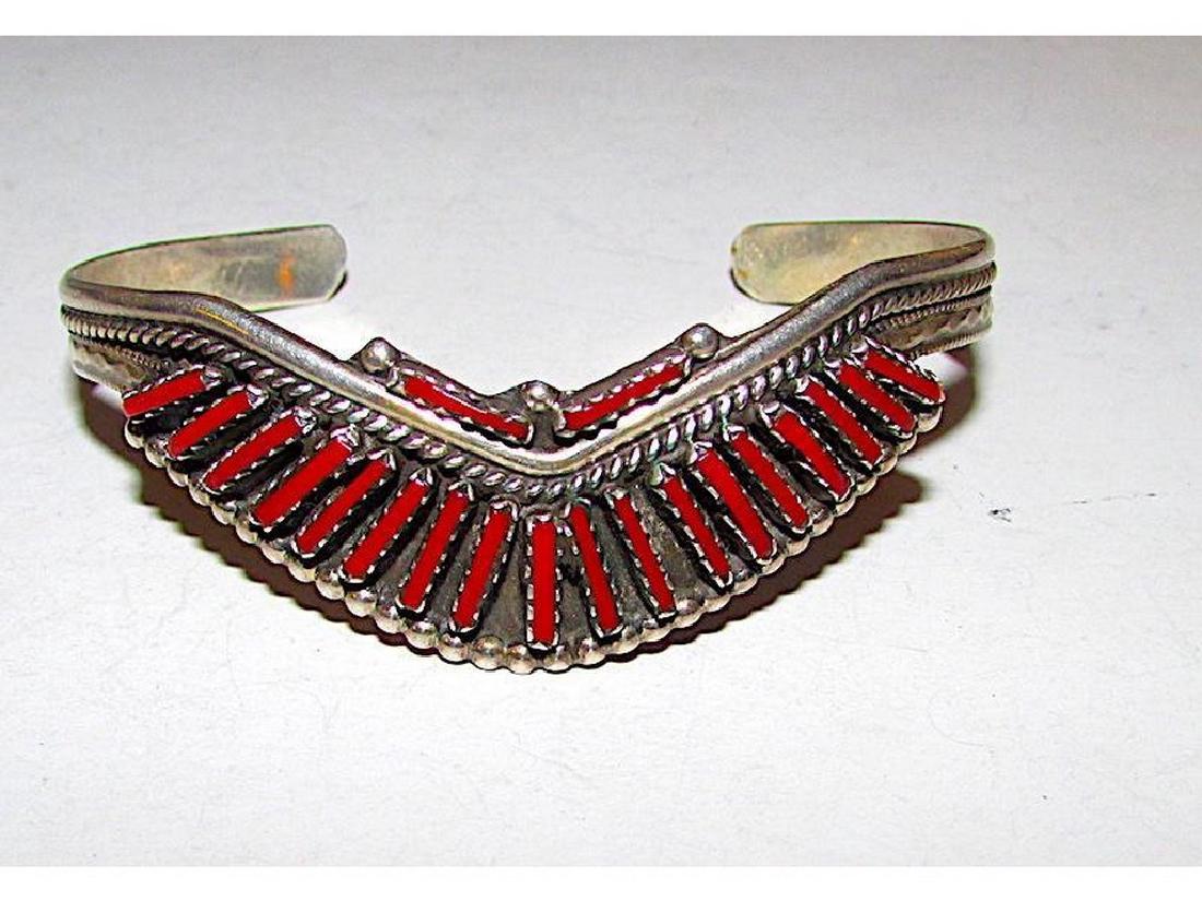 Old Pawn Native American Zuni Sterling Silver Coral: For your consideration is this fabulous vintage Old Pawn Zuni sterling silver and coral cuff bracelet with needlepoint design in wonderful vintage condition. The bracelet features a stunning, unique,
