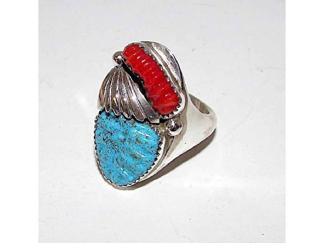Old Pawn Navajo Sterling Silver Turquoise Coral Large (1 of 3)