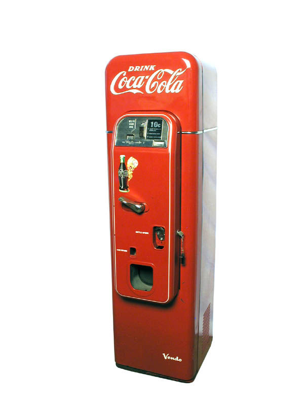 10-Cent Coke Machine Model No. 44.: Coca-Cola bottle machine. Size: 57" tall. Cond.: Restored condition with dime-sized flaw to top, otherwise, excellent to near mint condition.