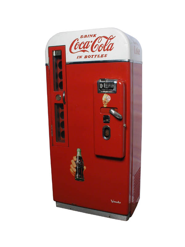 10-Cent Coke Machine Model No. 81.: Coca-Cola bottle machine. Size: 59" tall. Cond.: Minor dents and dings to case, some touchup, otherwise, in good condition overall with key.