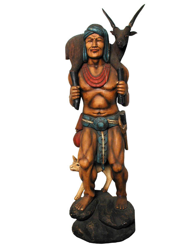 Wooden Indian.: Cigar store indian. Size: 81" tall. Cond.: Stress crack to torso and side of head.