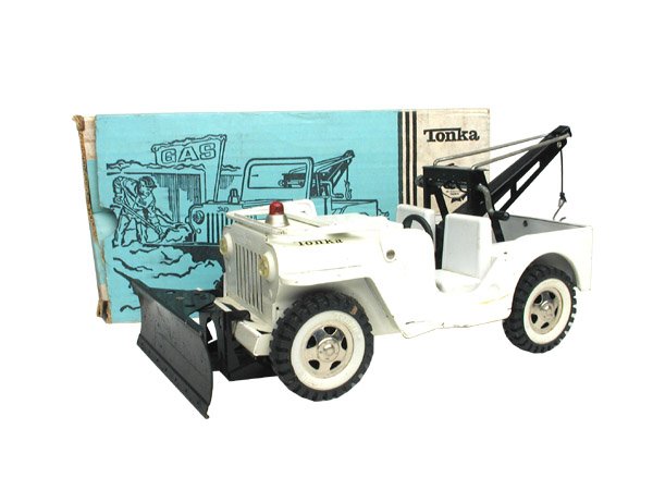 Tonka Jeep Wrecker with Plow in O/B.: Size: 12" long. Cond: Excellent.