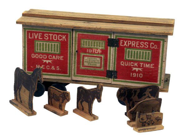 Converse Rail Car With Livestock.: Wooden in construction. Size: 14 1/4" long. Cond.: Very good. A nice original patina.