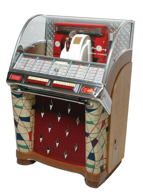 Seeburg Jukebox.: Model "C" 100 25-cent jukebox that operates 45 records. Size: 35" x 54". Cond.: Very good to excellent and in good working order.