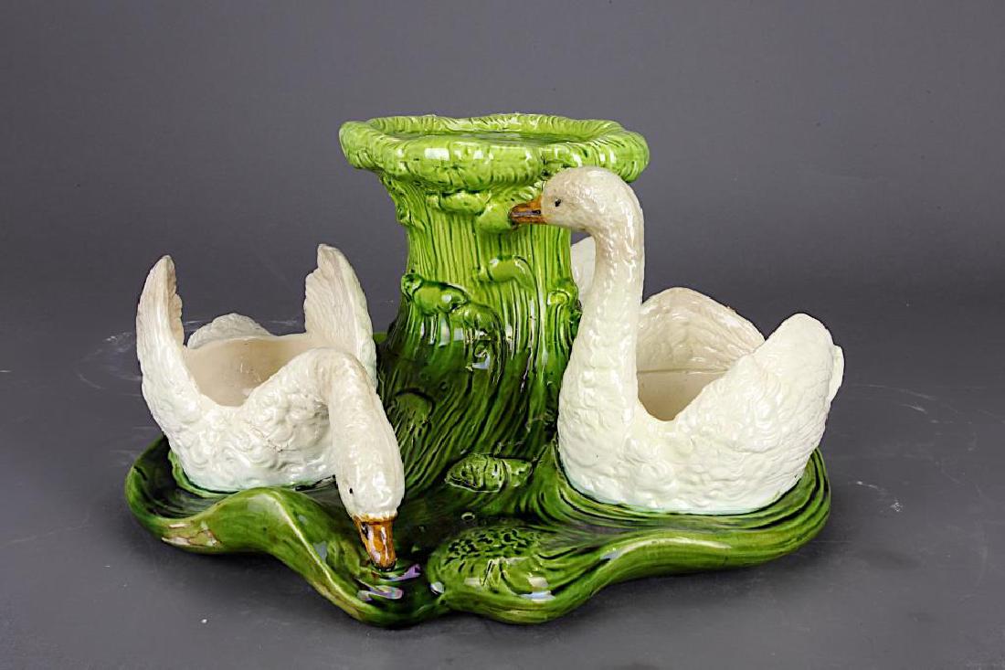 ENGLISH MAJOLICA CERAMIC CENTERPIECE WITH SWANS (1 of 2)