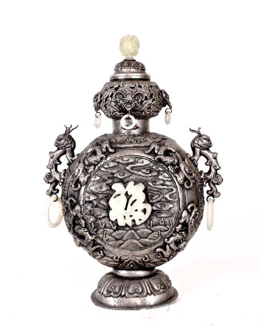 MONGOLIAN SILVER VASE WITH JADE INLAID: H: 19 in.