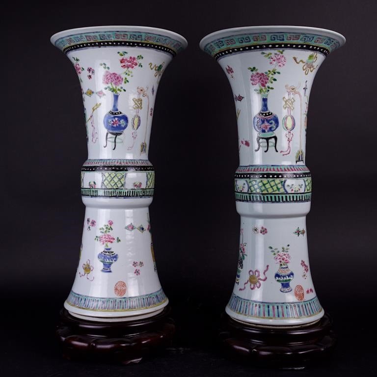 PAIR OF CHINESE GU VASES WITH STANDS (1 of 1)