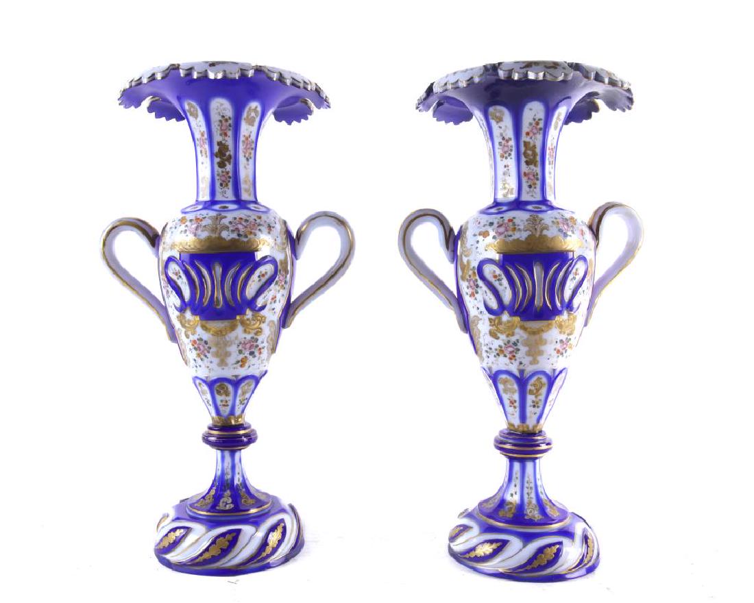 PAIR OF BOHEMIAN OVERLAY VASES WITH HANDLE (1 of 2)