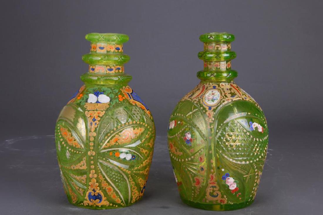 PAIR OF LIGHT GREEN BOHEMIAN CUT GLASS DECANTERS (1 of 1)