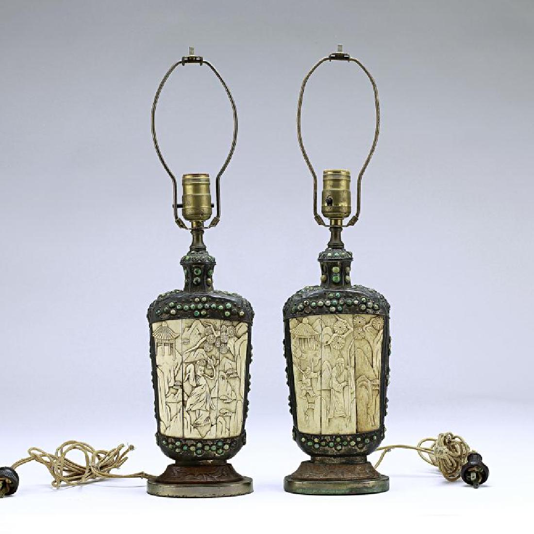 PAIR OF MONGOLIAN SILVERED FLASKS: set as lamps. H: 10 in.(25.5cm)