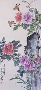 CHINESE SCROLL PAINTING OF PEONIES AND BIRDS: Signature to read Wang Zhen( Bai Long Shan Ren)H: 37 1/2 in. L: 17 1/2 in.