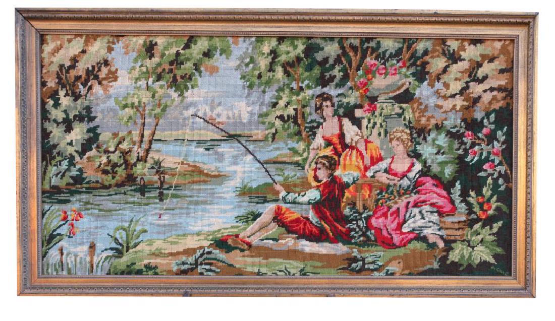 FRAMED NEEDLEPOINT OF FRIENDS GATHERING: Depicting a scene of a noble man fishing with two ladies. HL 20 in. L: 40 3/4 in.