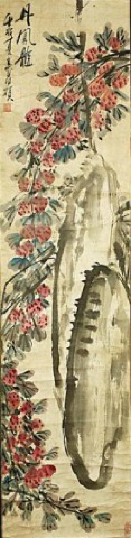 CHINESE SCROLL PAINTING OF LYCHEE: Signature to read Wu Chang Shuo. H: 52 3/8 in., W: 12 1/2 in.
