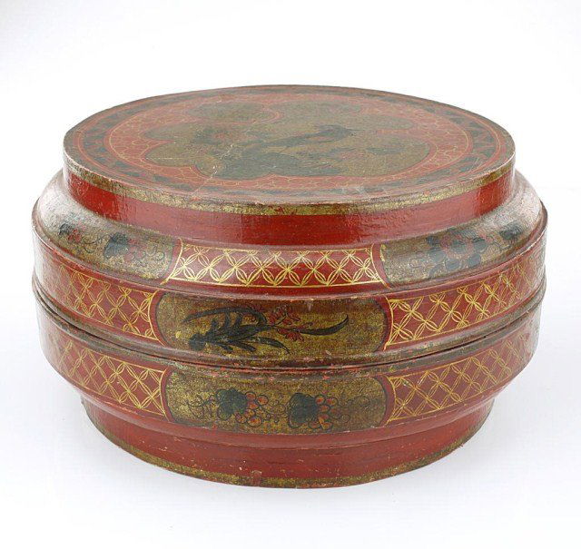 CHINESE ROUND CINNABAR LACQUER BOX AND COVER: H: 8 in.