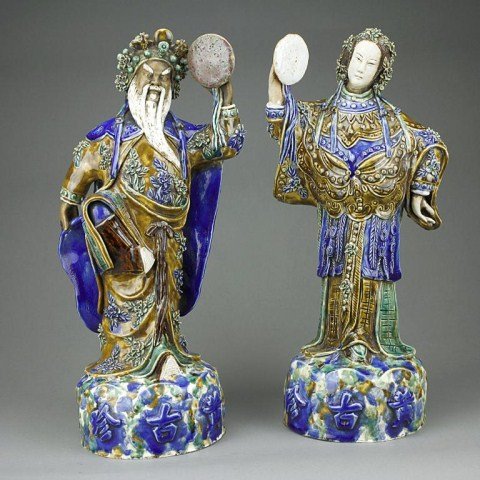 PAIR OF EMPEROR AND EMPRESS SAN CAI GLAZED FIGURES: H: 19 1/4 in.