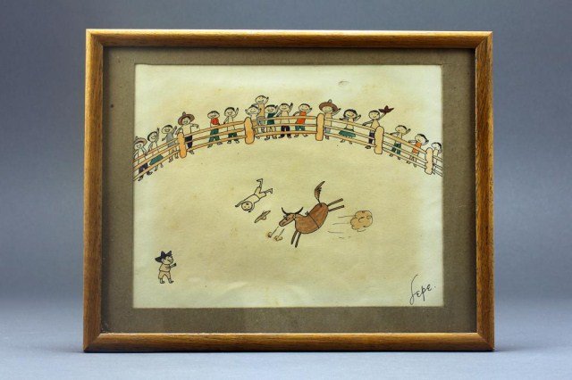 WATERCOLOR 'CONQUISTADOR' PAINTING, BY MANUEL LEPE: H:11 3/4(30 cm) x L:9 1/4 in(23.5 cm) with frame, a wonderful drawing, signed Manuel Lepe where a 'caballero' gets tossed in the air by a fuming horse while the crowd cheers and enjoys the 'jinete' sh