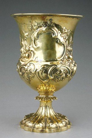 ENGLISH VICTORIA GILDED SILVER HALLMARKED CHALICE: Diameter: 6 in. (15.2cm), H: 9 1/8 in. (23.2cm), Hallmarks chased to the upper rim, and "G" in the base's interior