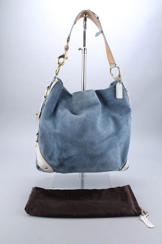 blue suede hobo bag