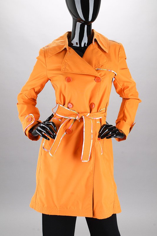 Etro Orange Button Trench Coat (8/42): Product Description Designer: Etro Fabric: Cotton, Nylon, Acetate and Rayon Color: Orange, Green, Pink, Purple and White Button front closure Signature buttons Notched collar<