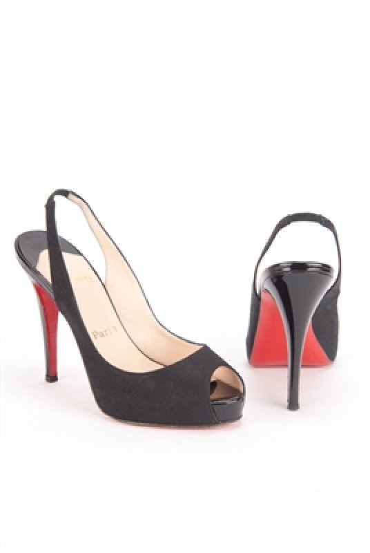 Christian Louboutin "No Prive" Canvas Peep Toe Heel (7): Designer: Christian Louboutin Style: No Prive Color: Black Patent leather and canvas body Peep toe Patent covered heel Sling-back Signature red out-sole Insole: 9.5""