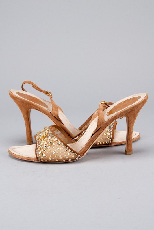 New Rene Caovila Gold Beaded Sandals (10/40): Designer: Rene Caovila Color: Gold and Brown Strap / Closure: Slingback strap, adjustable Out-sole: Leather sole Suede straps Beaded trim at vamp Contrast trim Open toe Suede c