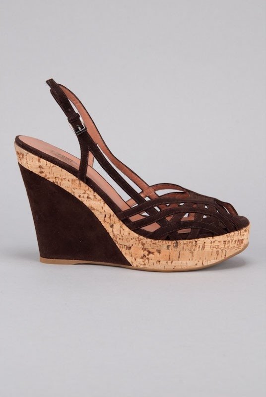 Alaia Brown Suede & Cork Wedge Platform Heels (9/39.5): Designer: Alaia Color: Brown Strap / Closure: Slingback strap, adjustable Out-sole: Slip resistant rubber sole Suede body Peep toe Strappy style Cork and suede platform wedge