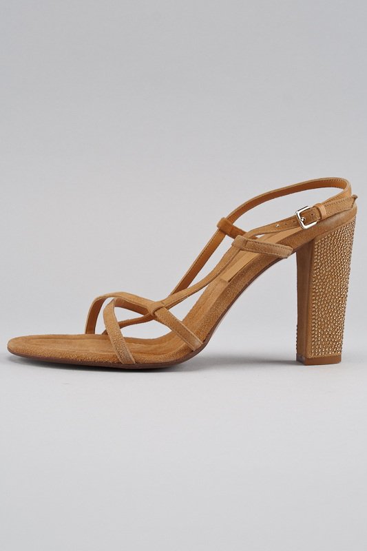 New Bottega Veneta Crystal Heel Sandals (10/40): Designer: Bottega Veneta Color: Tan Suede body Tonal crystal covered heel Strap / Closure: Adjustable slingback strap, front strap Out-sole: Leather sole Insole: 10.5" / Heel: 4"