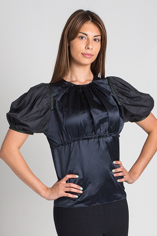 Prada Midnight Blue & Black Puff Sleeve Top (M): **NO BUYERS PREMIUM** Designer: Prada Fabric: Silk Color: Midnight Blue, Black, Green Back zip closure Round neckline Silk body Contrast trim Short puffy sleeves Lengt