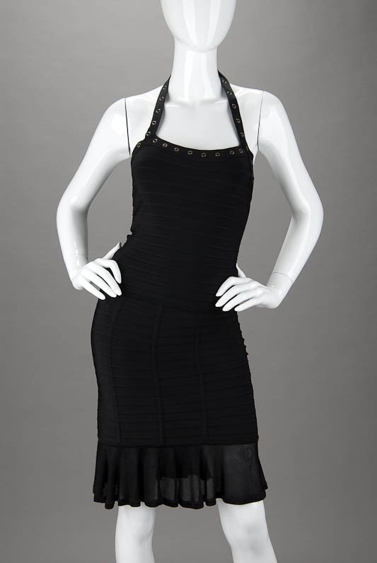 Herve Leger Black Bandage Top & Skirt Set (S): **NO BUYERS PREMIUM** Designer: Herve Leger Fabric: Rayon, Nylon and Spandex Color: Black Top Invisible zip on side Halter tie neckline Sleeveless Banded body Stretch