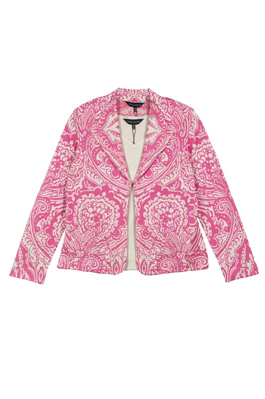 New Ming Wang Blossom Jacket, Top & Skirt Suit (M): **NO BUYERS PREMIUM** Designer: Ming Wang Fabric: Acrylic, Polyester Color: Blossom Pink, Cane Beige Jacket Invisible hook front closure Long sleeve Stretch fabric body Print design fabric Studded tri