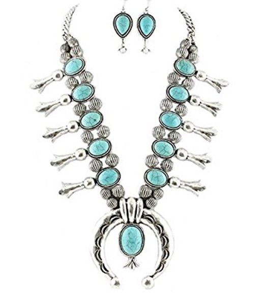 Tribal Squash Blossom Necklace & Earrings Set-Turquoise (1 of 2)