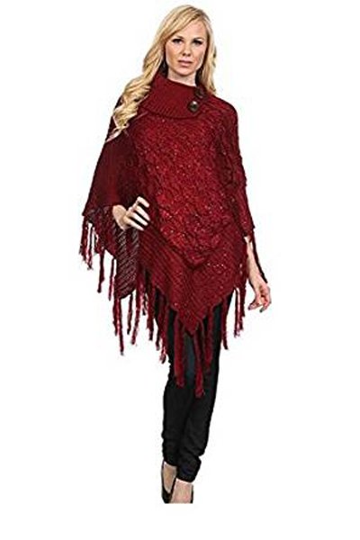 Shimmer Cable Knit Poncho Sweater & Bag - RED -One Size (1 of 5)