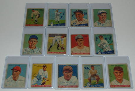 1933 Goudey. Lot of (13) Signed Cards.: Lot includes Monte Weaver, Perce Malone, Ruffing, Bolton, Jablonowski, Jack Russell Red Background, John Stone, Bump Hadley, Melillo, Harder, Kerr, Van Atta and Cronin Fielding. Cards are mixed grade