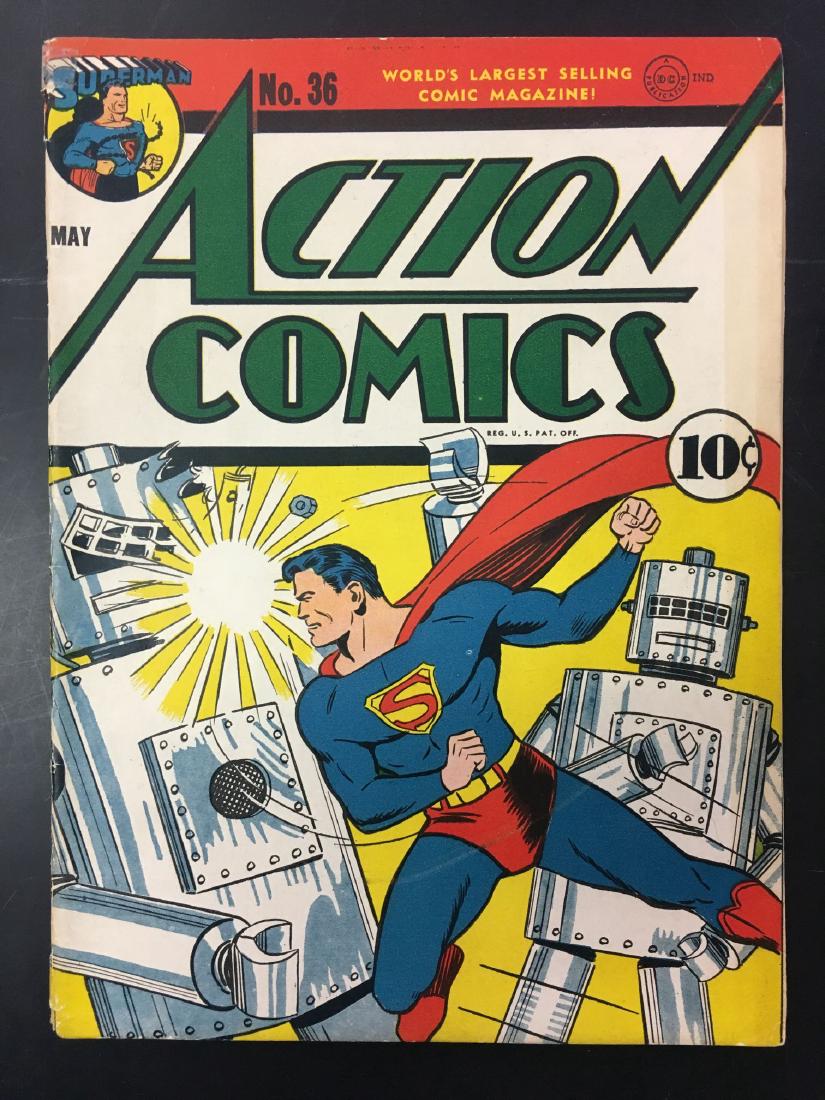 Action #36: Good+/VG copy, small piece of tape top spine. Robot Cover.
