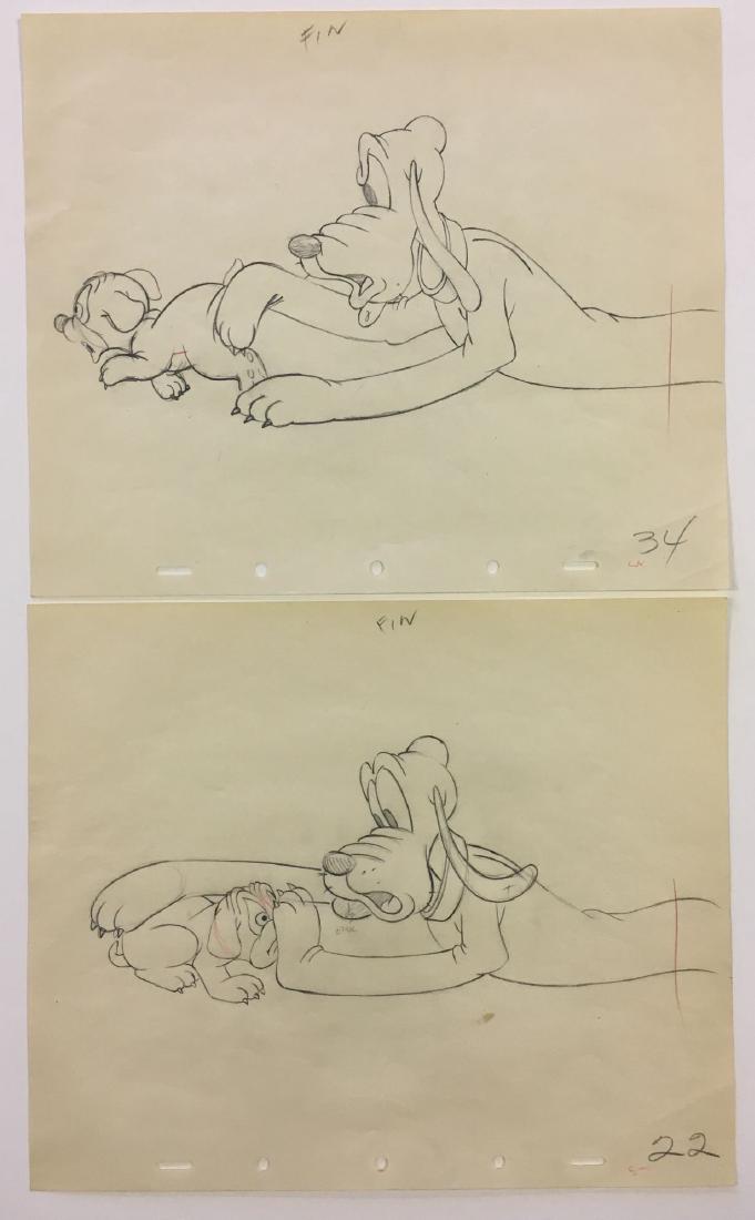 (2) Disney Pluto Pencil Production Drawings: (2) Original pencil production drawings of Pluto and Pup. Done on 12 field animation paper
