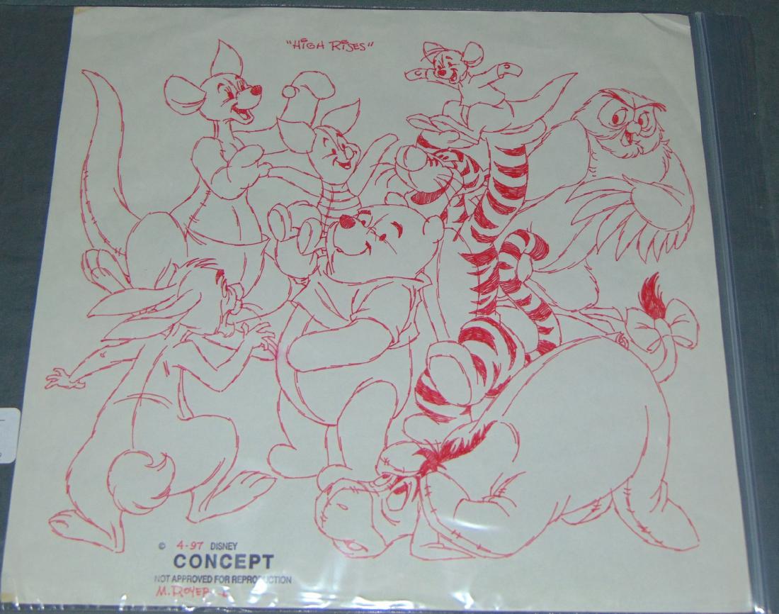 Winnie the Pooh & Friends Concept Drawing: Original ink concept drawing of Winnie the Pooh and Friends. Artist name lower edge "M. Royer". Overall sheet size approx. 12.5" x 12". Some edge and corner wear to the paper.