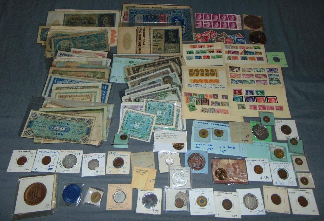 Mixed Lot.: Includes German Stamps, Various Tokens and Medals, Coins and Currency. Interesting mixture worth examining.