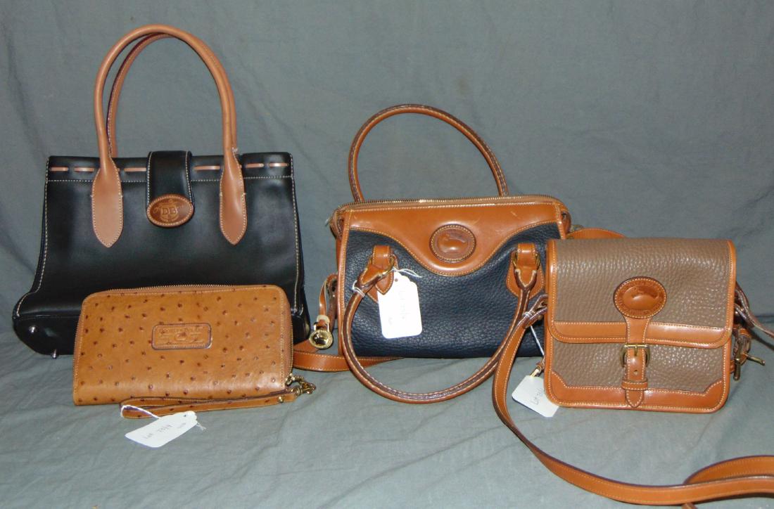 Dooney & Bourke. (3) Handbags and Wallet: Lot includes 3 handbags and wallet. Color, styles and values vary. Label to one cut - light age wear noted. Examine.