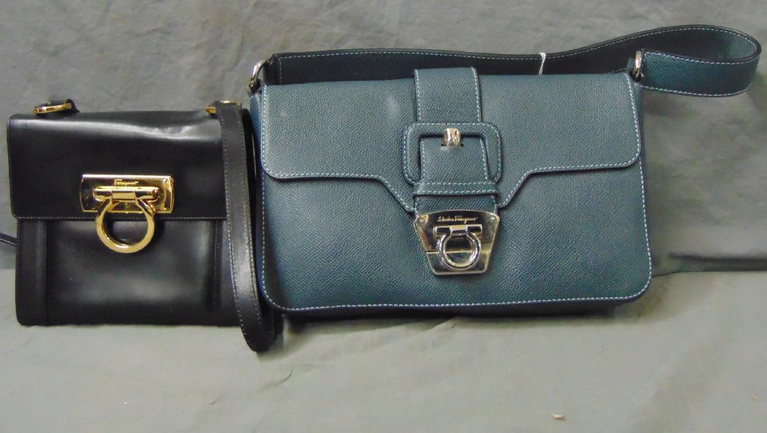 Salvatore Ferragamo. Lot of 2: Lot includes 2 handbags, one black leather, measuring 6" X 6.5" - gently used, and the other green, approx 10" X 6" X 5",(like new condition). Examine and bid accordingly