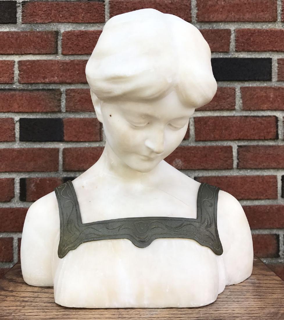 Alabaster Bust of a Woman, Signed Lenter: Nice alabaster bust of a woman. Signed on the verso Lenter. Approx. 10.5" high. Some scuffing throughout and firing cracks throughout. Examine.