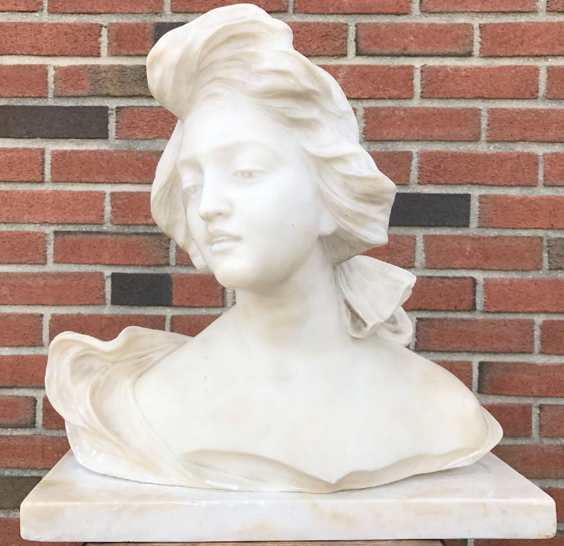 Alabaster Bust of a Woman, Unsigned: Approx. 17" x 16". Unsigned. Bust of a woman with. Some wear throughout with chipped areas, scuffing, etc. Comes with alabaster base, however bust does not sit well on it. Examine.