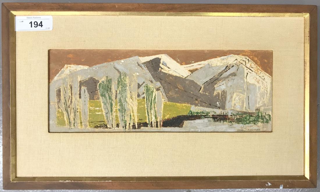 Ethel (Currie) Magafan (1916 - 1993) Oil on Board: 5 3/4" x 15 3/4". Signed lower right. Some tiny spots of chipping but overall a beautiful piece. Gallery Label on Back "Trees and Meadow".