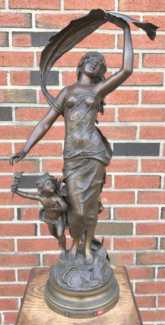 After Auguste Moreau, "Crepuscule" Bronze: Wonderful bronze sculpture, after Auguste Moreau (French, 1834-1917). Depicts a female figure flanked by a winged putto holding a flaming torch. Brown patination, signed "Aug. Moreau", and foundry mar