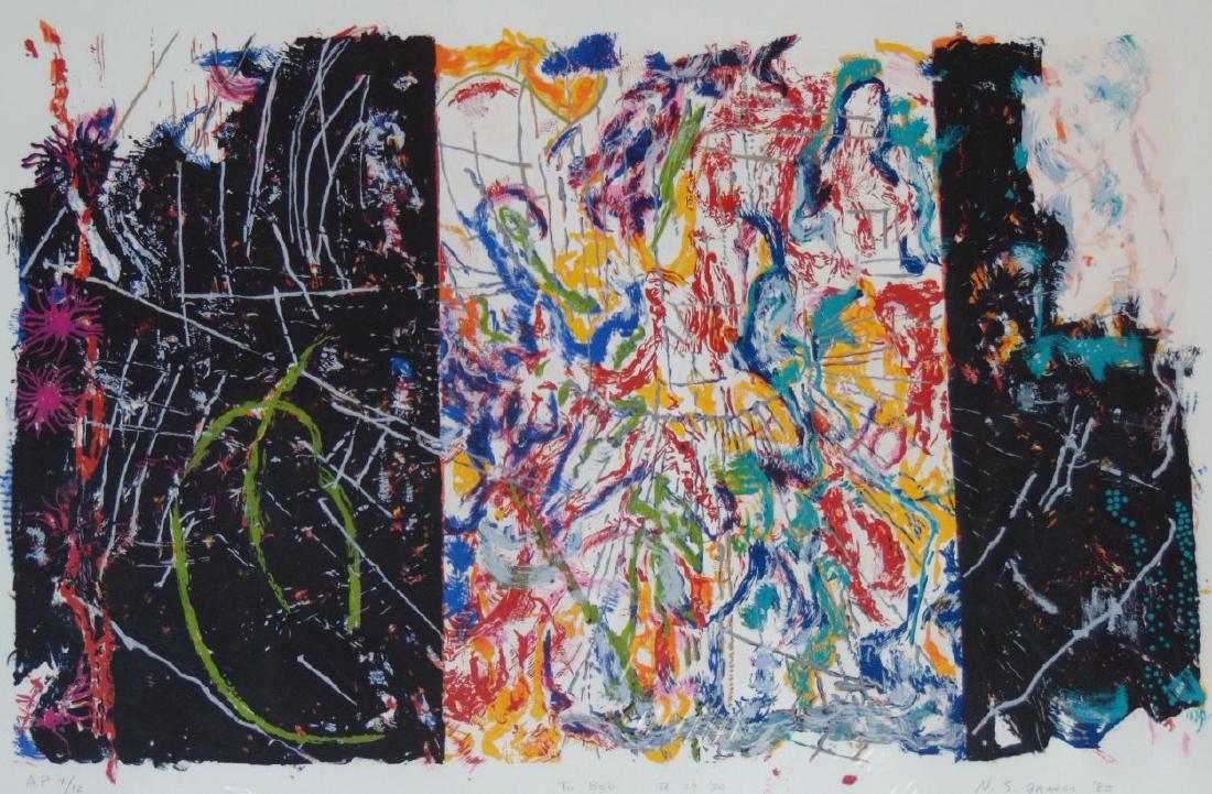 Nancy Graves, Signed Screenprint: Original screenprint by Nancy Graves. Signed lower right and dated 1980, and lower left marked "A.P. 4/12". Titled "Equivalent". Approx. 29" x 40". Lower right corner has "Syria Studio" blind stamp. T