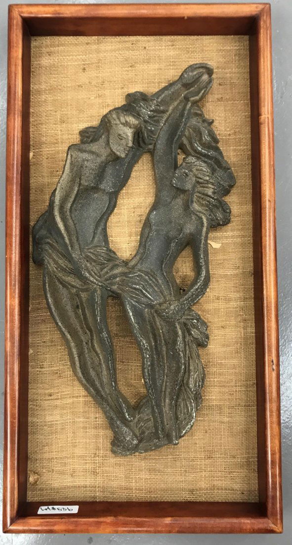 Lee Rosen, Bas Relief Architectural Sculpture: Bas relief abstract sculpture depicting a nude couple. Possibly concrete or terra cotta. Signed \\\"Design Technics\\\". Sculpture alone is approx. 26.5\" x 14\". Mounted and framed, overall approx. 3