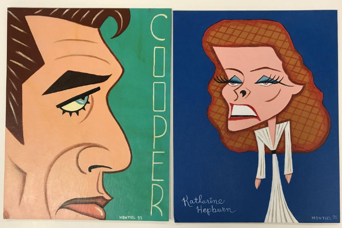 Hepburn & Cooper Caricature Paintings, Montiel: (2) Original caricature paintings by H. Pierre Montiel. One features Katharine Hepburn (14" x 18"), the other Gary Cooper (14" x 18"). Each is done in acrylic on artist board. Montiel is a contemporar