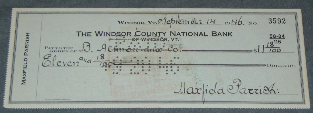 Maxfield Parrish Check Signed.: Drawn on Windsor County Vermont Bank. 9/14/1946. Great Clean Signature.